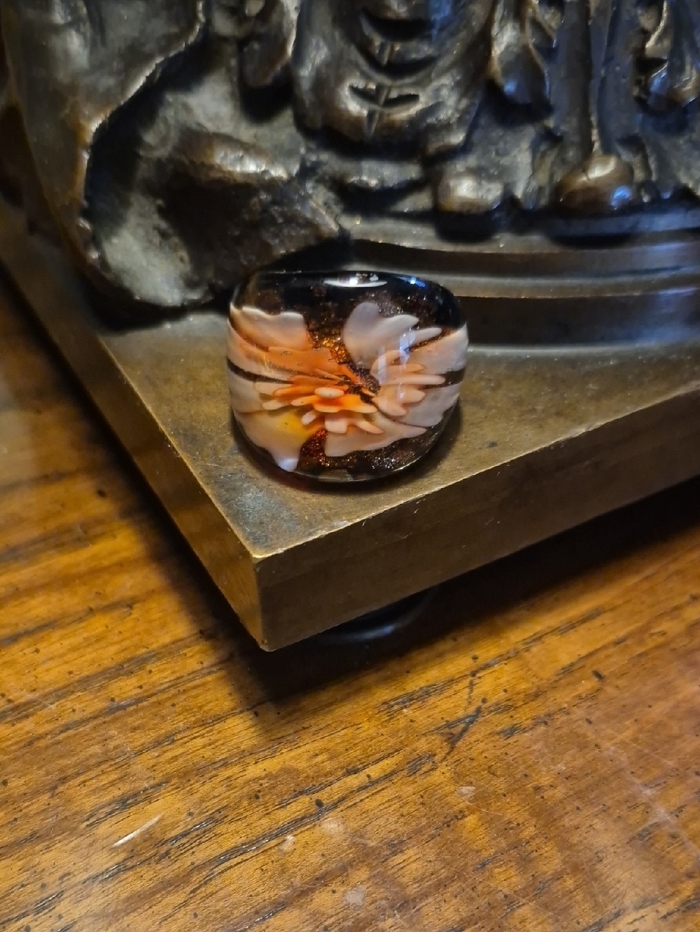 Handmade Glass Floral Dome Ring - Orange and White